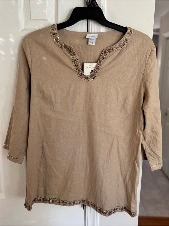 Jaclyn Smith Tops - Jaclyn Smith Women's L Linen Blend Tunic Boho Embellished Beaded Tan Top NWT